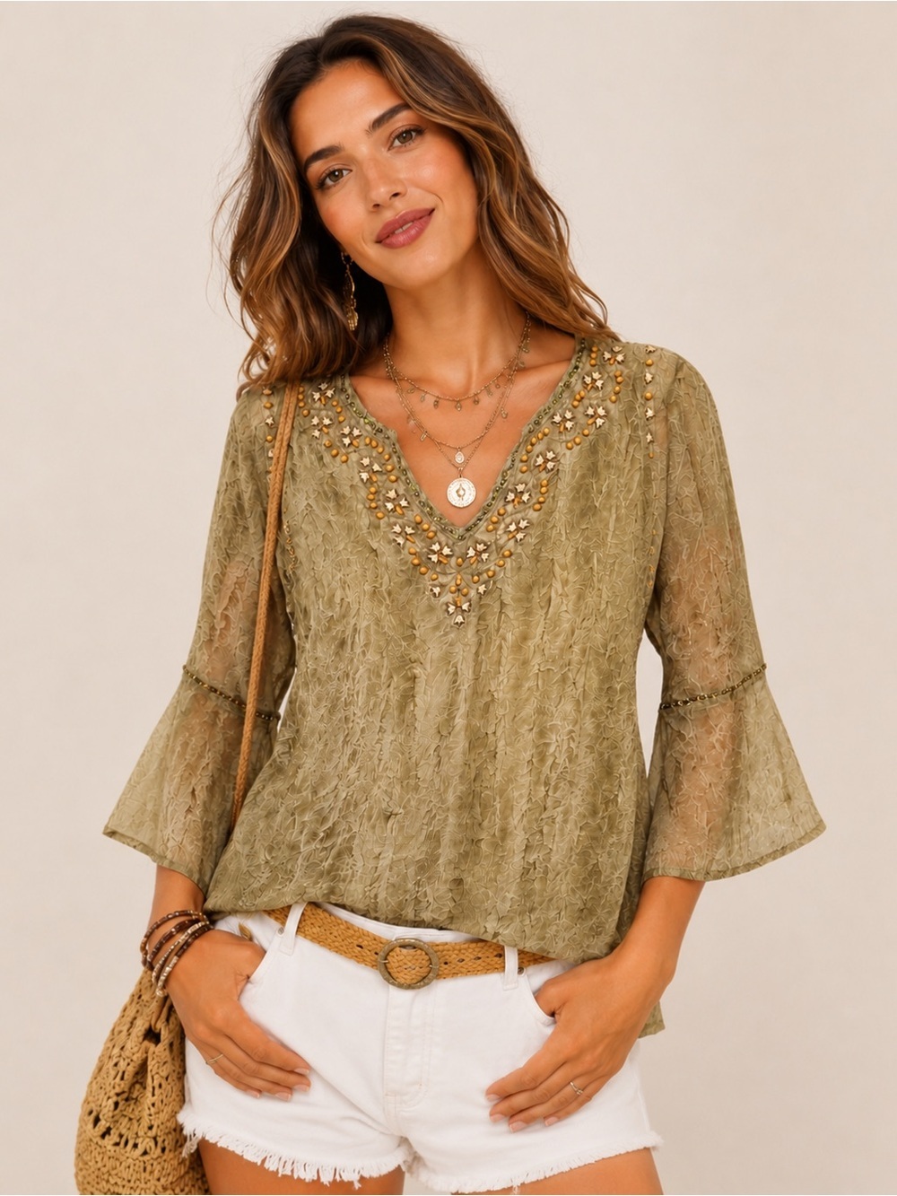 SNOW Embellished Sheer Crinkle Tunic Top Bell Sleeve Boho Beige Size S Olive